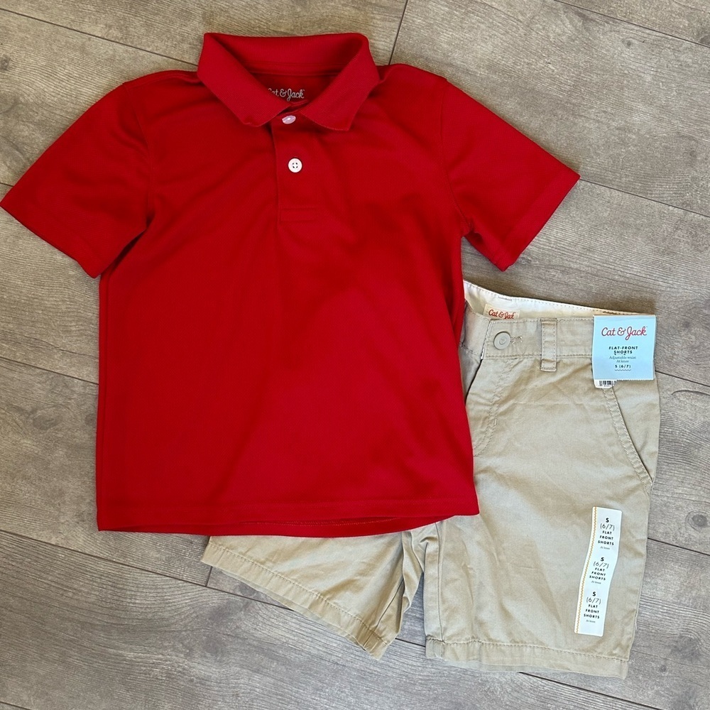 New Cat & Jack Boys Red Polo T Shirt & Flat Khaki Front Shorts Size Small 6/7